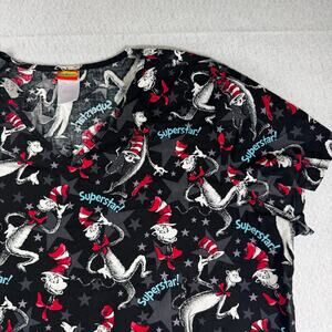 Dr. Seuss Scrub Top 2XL Black with Cat in the Hat Print "superstar" Grey Stars